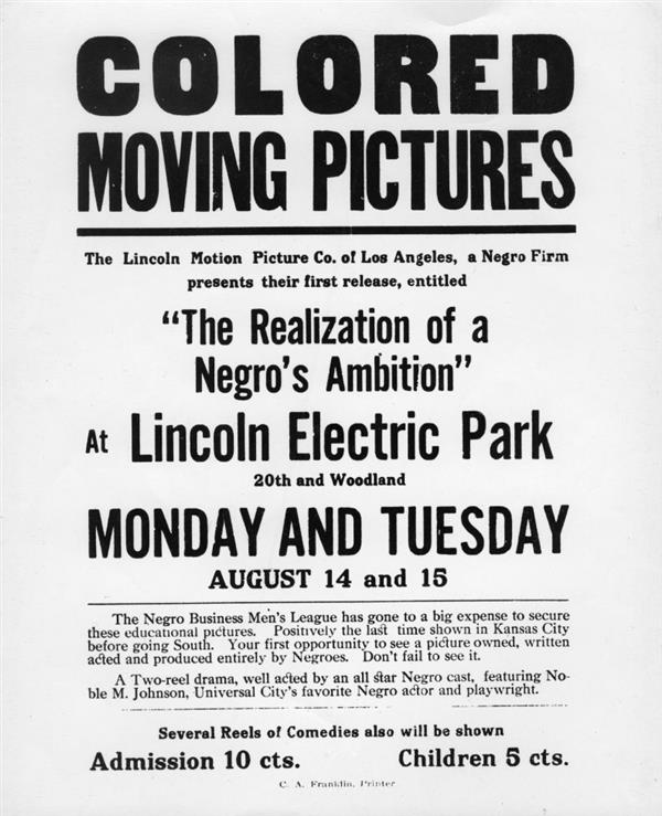 Scan of poster advertising Colored Moving Pictures from the Lincoln Motion Picture Co.